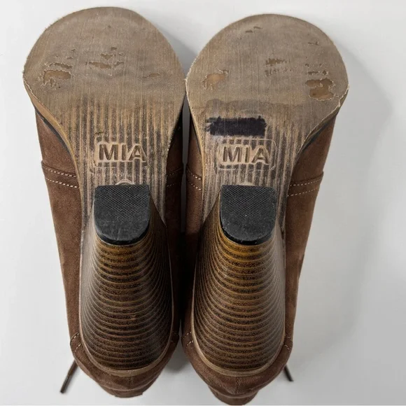 Mia Boots Size 8 M Sean Ankle Bootie Brown Lace Up Round Toe Cone Heels Vegan - Picture 7 of 15